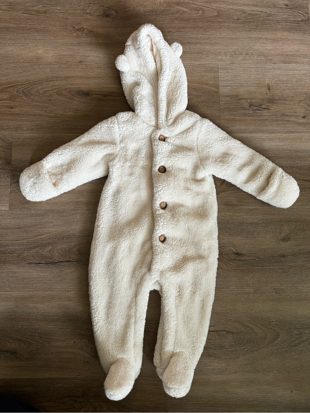 Baby Gap 6-9 month Cozy Cream cotton lined Sherpa Baby One-Piece with Bear Hood